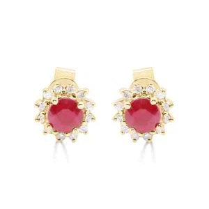 0.86 ctw Natural Round Cut Ruby and Diamonds Halo Studs Earrings 14K Yellow Gold - Picture 1 of 3
