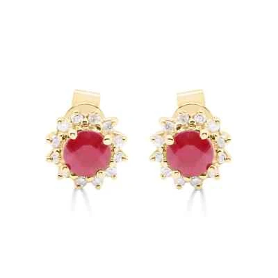 0.86 ctw Natural Round Cut Ruby and Diamonds Halo Studs Earrings 14K Yellow Gold - Image 1 of 3