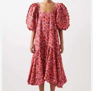NWT Kika Vargas Maya Pink Floral Midi Dress Sz M Dramatic Puff Sleeves Ruffled - Picture 1 of 12