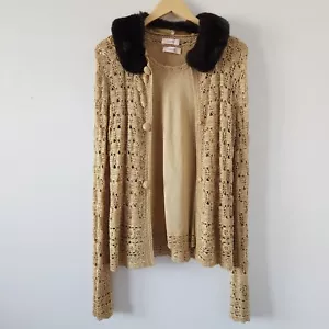 Laurel Sweater Large Gold Crochet Twin Set Cardigan Tank Rabbit Fur Collar - Picture 1 of 18