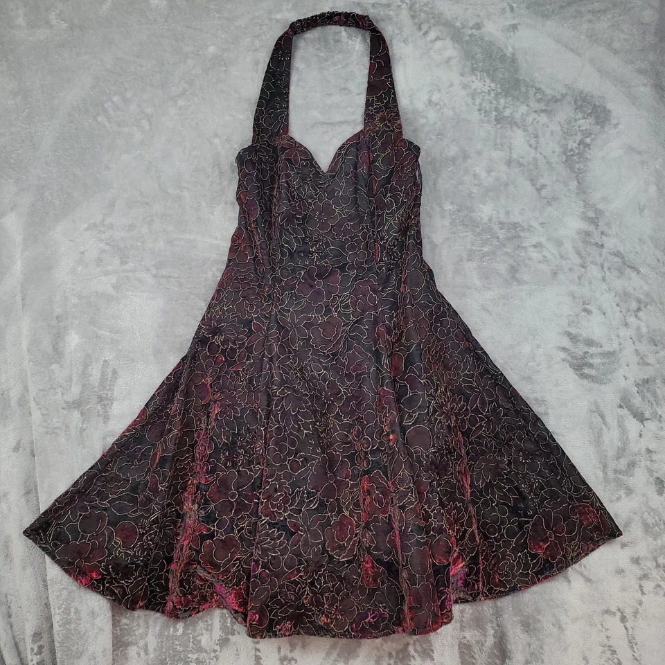 90-е винтажное черное бархатное мини-платье Roberta женское размер 5/6 цветочный тюль с бретелью через шею - Изображение 1 из 4