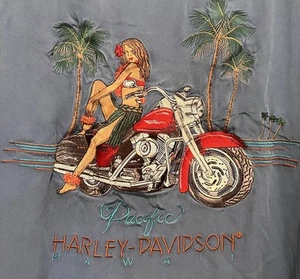 HARLEY DAVIDSON Shirt Men's XL 100% Silk Motorcycle Pacific Hawaii Pin Up - Picture 1 of 5