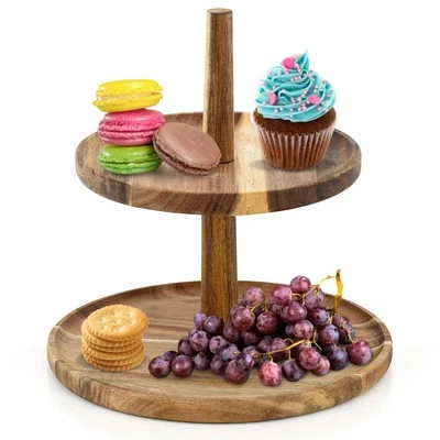 2 Tier Acacia Wood Food Stand Wooden Round Serving Tray Cup Cake Tiered Display - Image 1 of 4