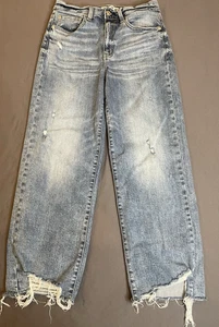 Dazy Jeans Damen 27 Blau Denim Distressed Taschen Medium Wash Wide-Leg Raw Hem - Bild 1 von 11