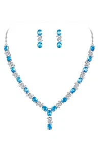 WHITE GOLD FINISH Love & Kisses Aqua Blue Turquoise Created Diamond Necklace Set - Picture 1 of 14