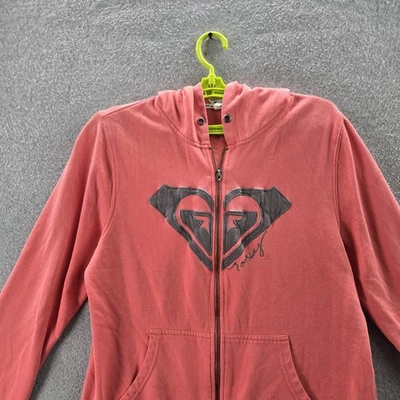 Roxy Women Hoodie XL Pink Fleece Logo Zipper Grommets Long Sleeve READ - Image 1 of 4