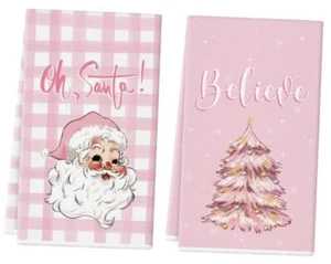 Christmas Kitchen Towels Set of 2 Xmas Santa Pink Christmas Tree Absorbent - Picture 1 of 6