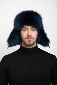 Men's Dark Blue Fox Fur Trapper Hat, Saga Furs, Top Quality