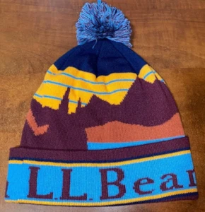 LL Bean Cuffed Katahdin Pom Graphic Beanie Winter Hat Mens Womens Burgundy New - Picture 1 of 2