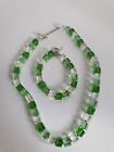 Gorgeous Green & Clear Glass Cube Bead Necklace & Matching Bracelet