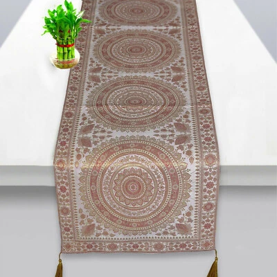White Table Runner/ Tapestry, Brocade, 72 Inch, Silk, White N Gold, Mandala - Image 1 of 4