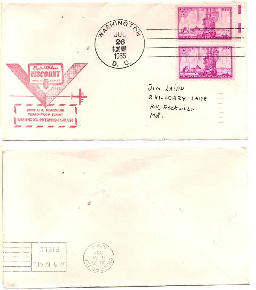 FIRST FLIGHT D.C. to Chicago (1955) Capital Airlines Viscount Mail Cover *RARE* - Image 1 of 1