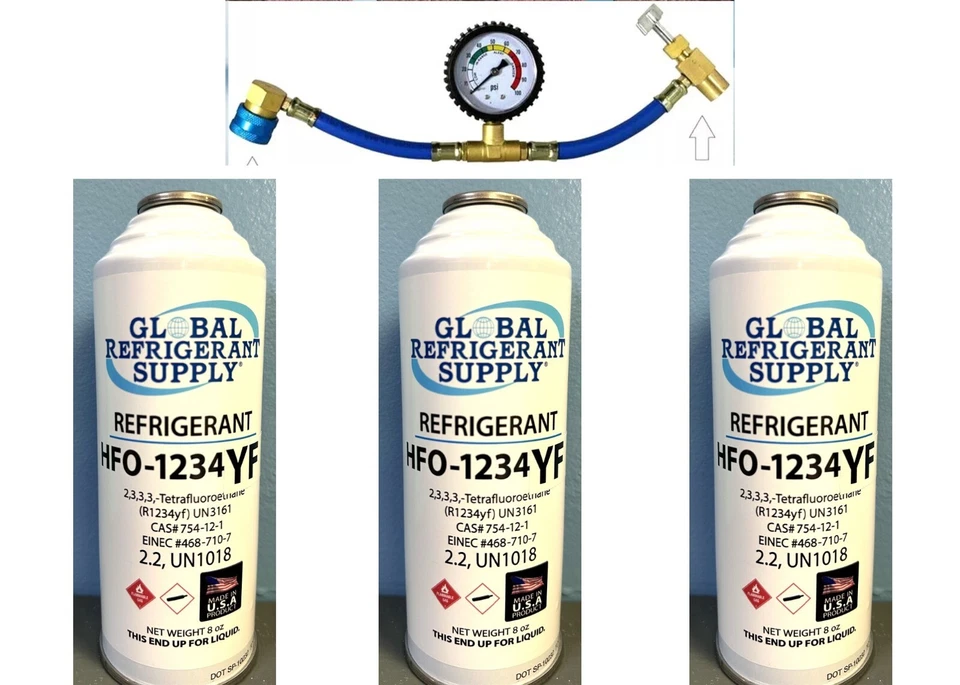 GLOBAL REFRIGERANT SUPPLY R1234yf, HFO1234yf, Automotive A/C Recharge Kit Check & Charge-It Gauge!