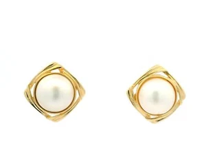 Estate 14k Yellow Gold Mabe Pearl w/ Infinity Rope Frame Stud Button Earrings - Picture 1 of 8