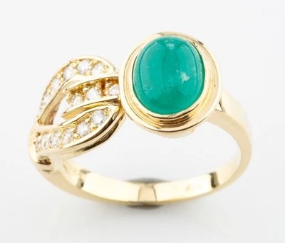 18k Gelbgold Smaragd Cabochon Ring Diamanten Größe 7.75 Schöne - Bild 1 von 4