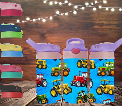 Botella de agua vaso para niños 12 oz tractores coloridos hechos a mano Foto 1 de 2