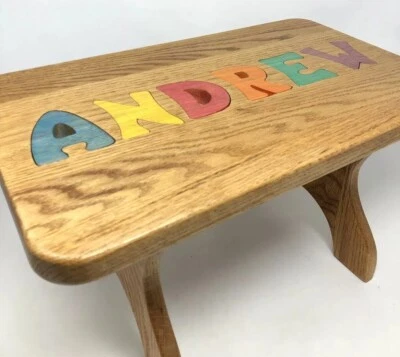 Vintage Wooden Small Child Chair Bench Personalized “ANDREW” Solid Wood Brown - Изображение 1 из 4