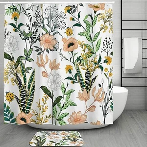 Juegos de 2 cortinas de ducha de baño con 12 ganchos alfombra antideslizante almohadilla para pies de baño - Imagen 1 de 8