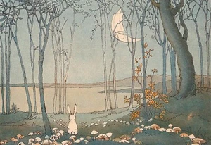 Modern Postcard Reprint: Bunny Moon - Bunny, Mushrooms, Crescent Moon, Lake - Picture 1 of 3