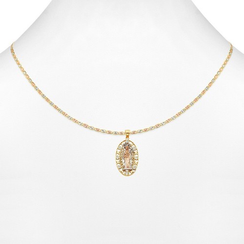 Real 14KT Tri Color G CZ Santa Muerte Charm Pendant With Valentino Chain