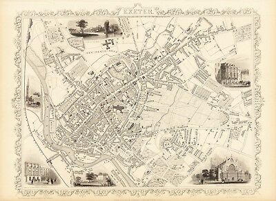 Antique Exeter England Decorative Map Tallis 31,5 X 23,6 Inch Canvas • 36£