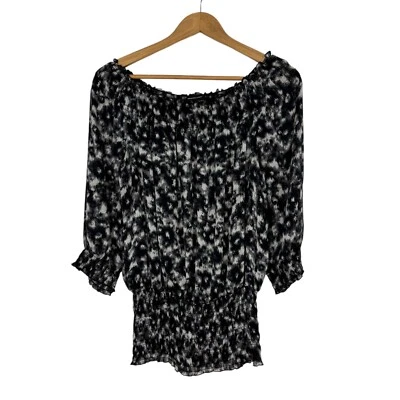 INC International Concepts 女式 6 码黑色印花露肩丝绸上衣 — 第 1/4 张图片