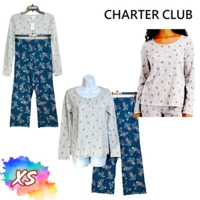 NWT Charter Club XS Cotton PJ Top Roses & Green Paisley Pants Assorted - Image 1 of 4