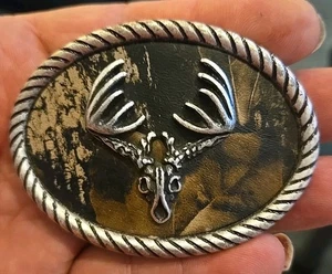 Vintage Nocona Belt Buckle Raised Deer Skull Camouflage Rope Border - Picture 1 of 2