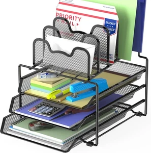 Organizer da Scrivania con 3 Vassoi Scorrevoli e 5 Sezioni Impilabili, Nero - Foto 1 di 7