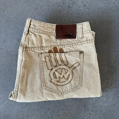 Miskeen Jeans Mens 42x29 Baggy Wide Leg Khaki Beige Graffiti Streetwear BIG LOGO - Image 1 of 4