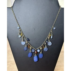 Vintage Bohemian Blue and Gold Beaded Necklace Brass Colored Findings You & I - Picture 1 of 6