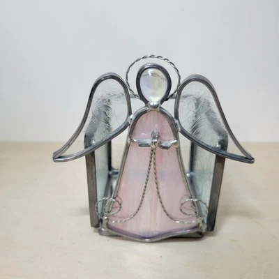 Candelabro de ángel de vitral alas de vidrio con textura de vidrio rosa Foto 1 de 4