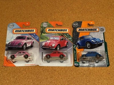 Lote de 3 caixas de fósforos 1962 Volkswagen VW Beetle vermelho azul rosa - Imagem 1 de 4