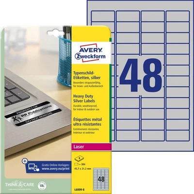 Avery Zweckform L6009-8 Type Plate Foil Labels 45.7 x 21.2 mm on DIN A4, Extreme - Image 1 of 4