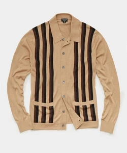 Polo maglione Todd Snyder uomo L/S seta e cotone a righe con bottoni - cachi - M - Foto 1 di 16