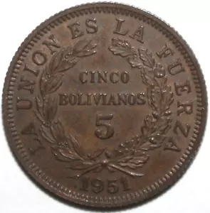 Bolivianische 5 Bolivianos Münze 1951 KM# 185 Bolivien Fünf - Bild 1 von 2