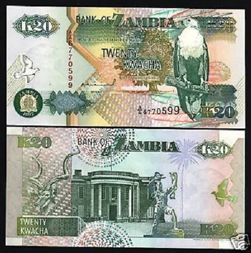 ZAMBIA 20 KWACHA P36 a 1992 BUNDLE BIRD DEER FLAG UNC X 100 Pcs Lot MONEY NOTE - Image 1 of 1