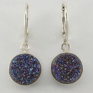 Round DRUZY / Druse / Drusy Quartz Earrings - 925 STERLING SILVER Leverback #66e - Picture 1 of 3