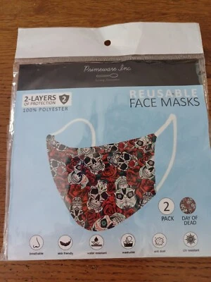 ReUsable Face Masks "Day Of The Dead" 💀🌹2-Pack 100% Polyester NIP Primeware  - Image 1 of 4
