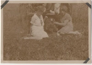 FOTO ANTIGUA VINTAGE LINDAS MUJERES JÓVENES EN HIERBA POR PERRO Y JUGUETES AÑOS 20 - Imagen 1 de 2