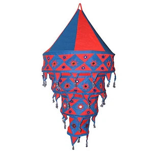 Indischer Lampenschirm rot - blau 90 cm Baumwolle Dekolampe Orient Hängelampe - Bild 1 von 1