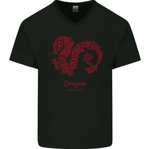 Chinese Zodiac Shengxiao Year of the Dragon Mens V-Neck Cotton T-Shirt - Picture 1 of 43
