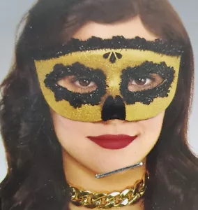 Venetian Skull Mask Halloween Masquerade Mardi Gras Gold Black NEW - Picture 1 of 4