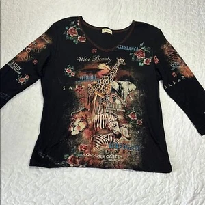 Cactus Black Wild Beauty African Animal Embellished 100% Cotton Blouse Large - Picture 1 of 7