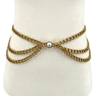 Women 3 layers Vintage Gold Metal Pearl Chain Linked Boho Flexible Belt Necklace - Image 1 of 4