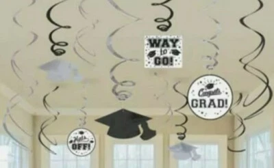 REMOLINOS COLGANTES GRADUACIÓN Decoraciones Fiesta BLANCO Felicidades Grad Cap 12 Piezas Foto 1 de 2