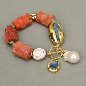 Natural Red Orange Coral Branch Blue Kyanite Multi Color Tourmaline Bracelet - Picture 1 of 9
