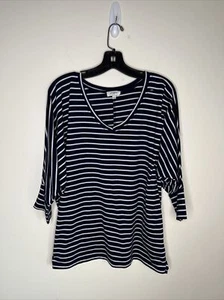 Umgee Women’s L Navy/White Stipe 3/4 Dolman Sleeve Pop Over Top - Picture 1 of 11