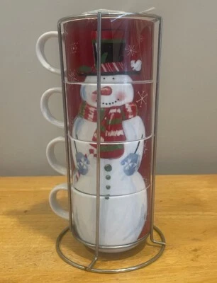 Pier 1进口可堆叠雪人圣诞杯套装带架子 — 第 1/4 张图片