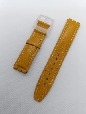 Bracelet cuir Jaune moutarde avec couture blanche gaufrage pour swatch - Photo 1/3